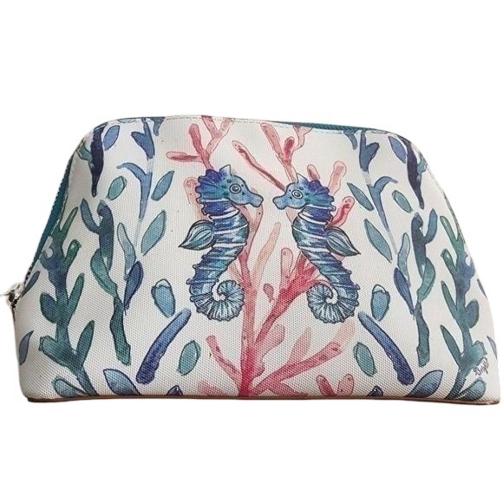 Brighton Seahorse Coastal Coated Canvas Cosmetic Pouch Makeup Bag Blue‎ Pink